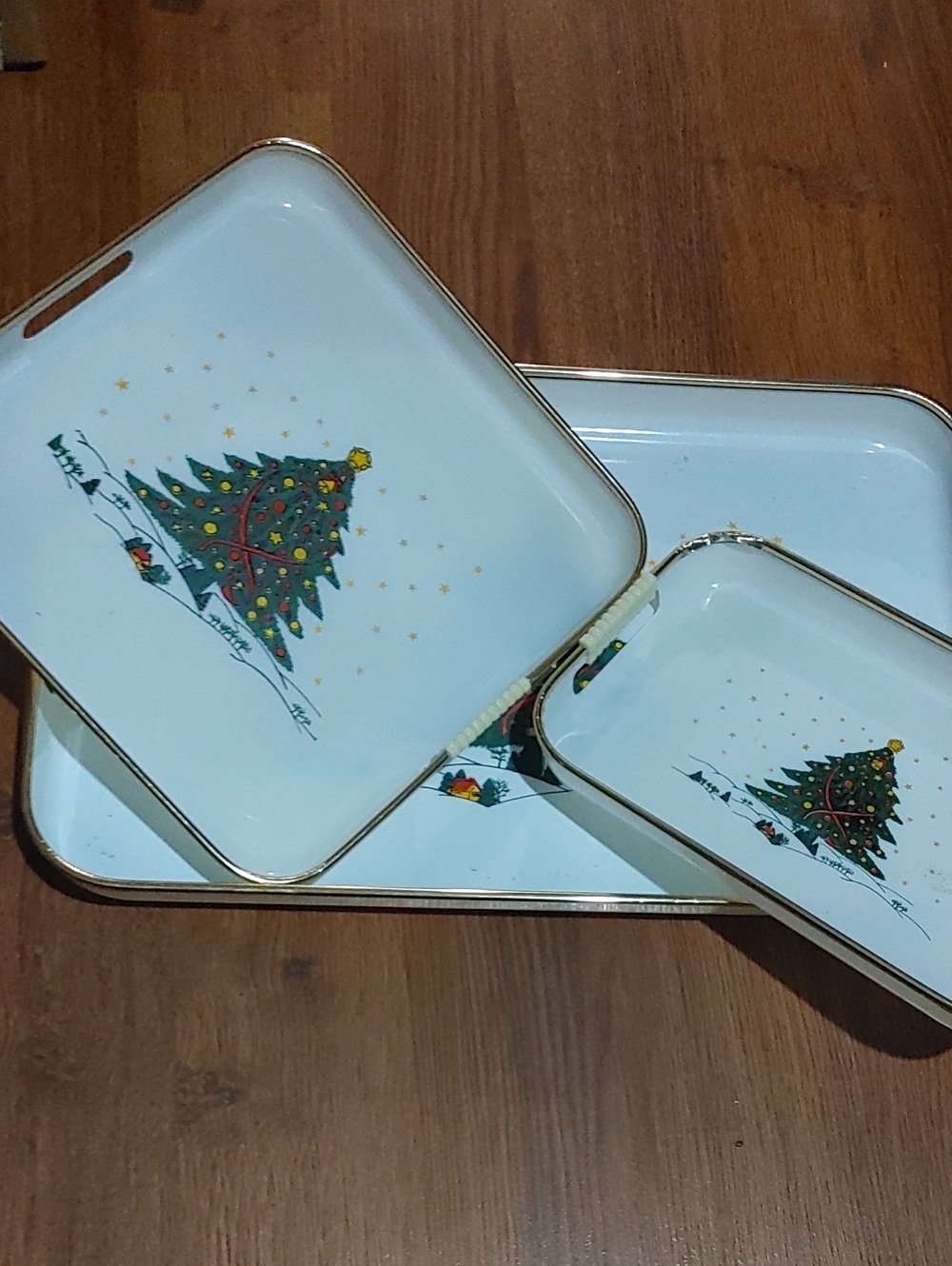 Vintage 1960s Holiday Serving Trays with Christmas Tree Design - Set of 3